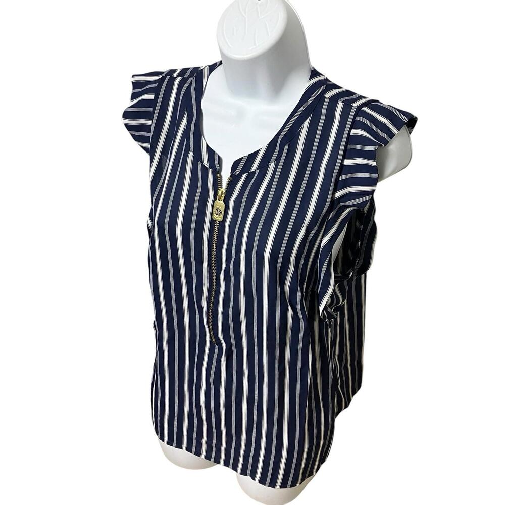 Michael Kors Blouse L Blue Striped Flutter‎ Sleeve Nautical Preppy Career